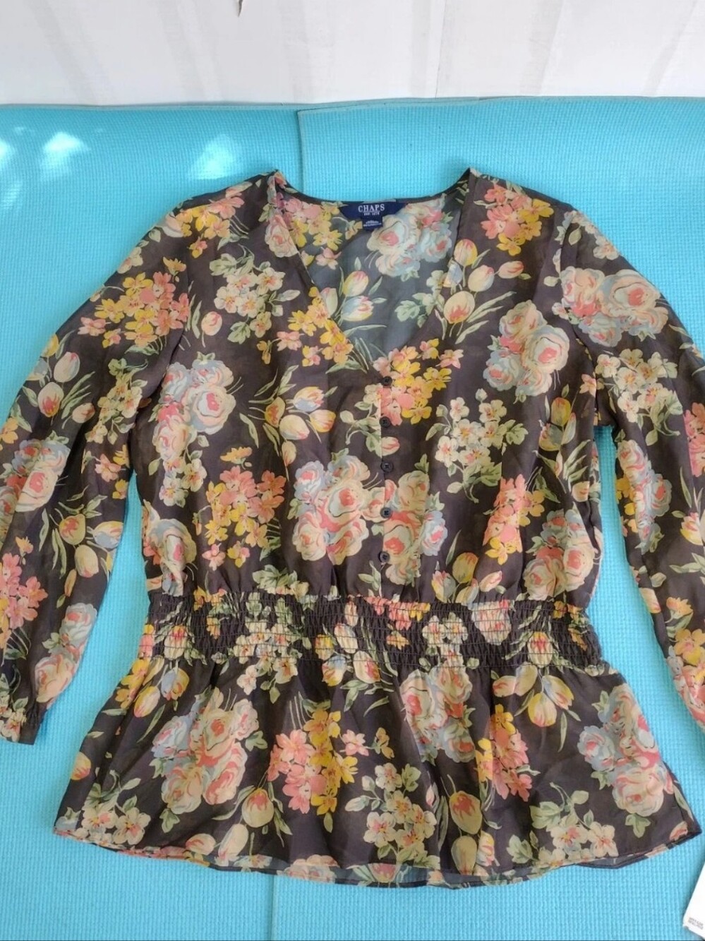 NWT Chaps Floral Print Semi Sheer Peplum Blouse Long Sleeve Boho - M
